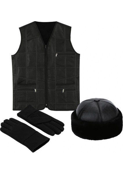 Premıum Deri Set – Yelek, Eldiven, Deri Börk Şapka