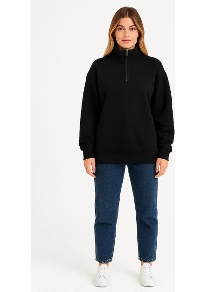 Kadın Üç Iplik Dık Yaka Yarım Fermuarlı Sweatshirt - Siyah fiyatları