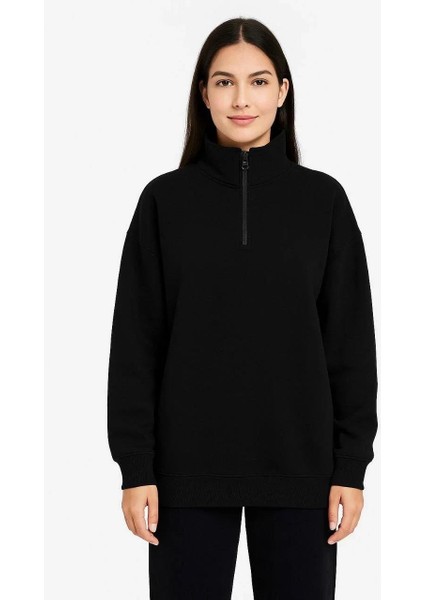Kadın Üç Iplik Dık Yaka Yarım Fermuarlı Sweatshirt - Siyah modelleri