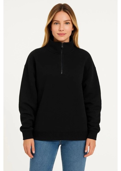Kadın Üç Iplik Dık Yaka Yarım Fermuarlı Sweatshirt - Siyah fırsatları