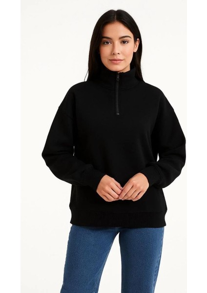 Kadın Üç Iplik Dık Yaka Yarım Fermuarlı Sweatshirt - Siyah indirimleri