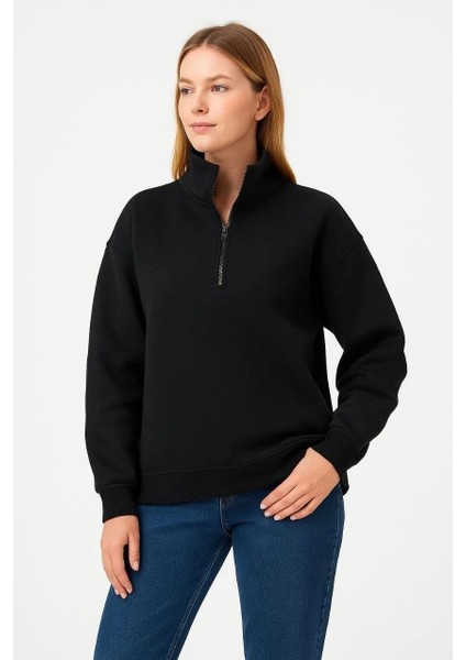 Kadın Üç Iplik Dık Yaka Yarım Fermuarlı Sweatshirt - Siyah