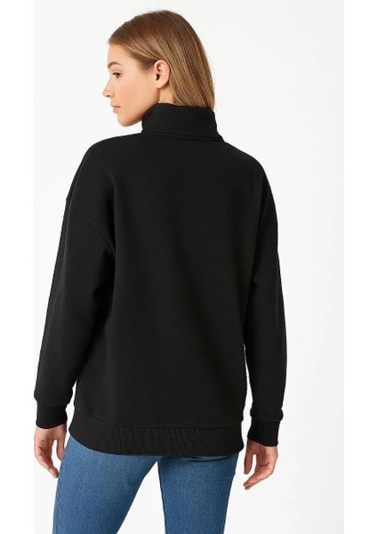 Kadın Üç Iplik Dık Yaka Yarım Fermuarlı Sweatshirt - Siyah