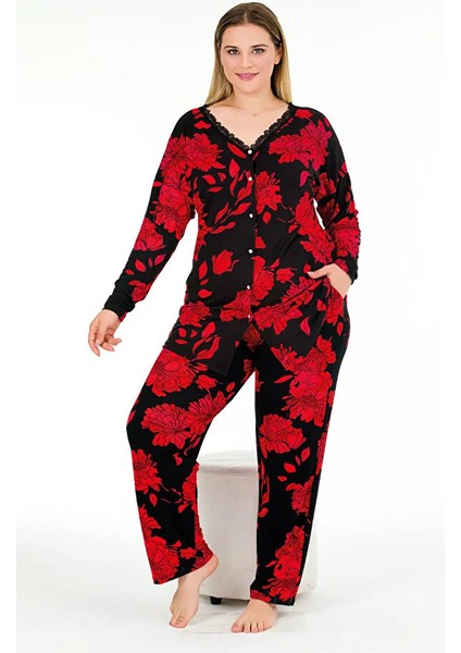 Lady Çiçek Desenli Kadın Uzun Kol Önden Düğmeli Büyük Beden Pijama Takımı fiyatları