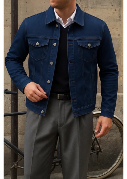 Erkek Trend Comfort Günlük Slim Fit Lacivert Kot Ceket