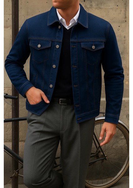 Erkek Trend Comfort Günlük Slim Fit Lacivert Kot Ceket modelleri