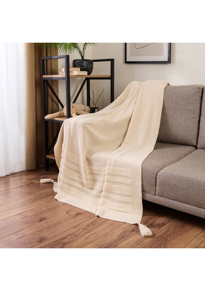 Soft Püsküllü Triko Koltuk Şalı - Ekru - 120X160 cm