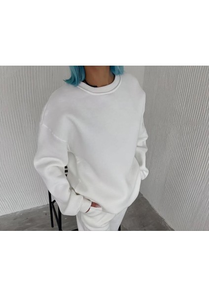 Kışlık Bisiklet Yaka Üç Iplik Basic Sweatshirt - Beyaz fiyatları