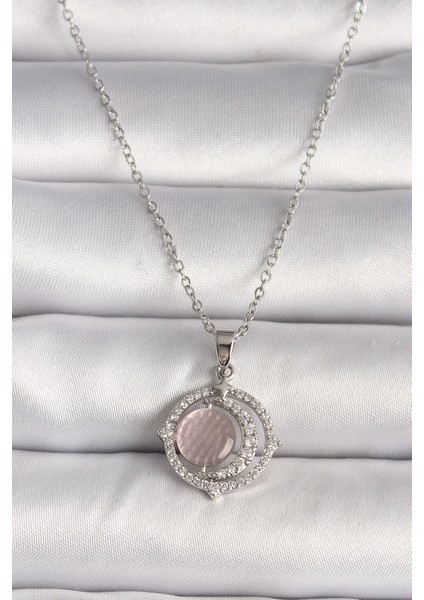 316L Çelik Gümüş Renk Zirkon Taşlı Pembe Sedefli Hilal Model Kadın Kolye