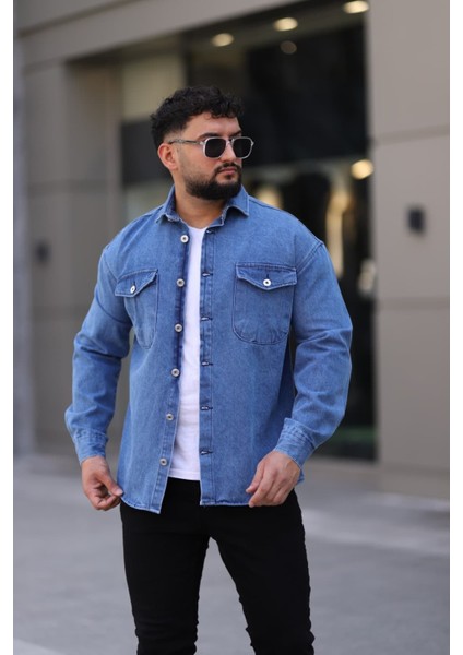 Erkek Kot Gömlek Rahat Kalıp, Çift Cepli, Düğmeli Denim Gömlek