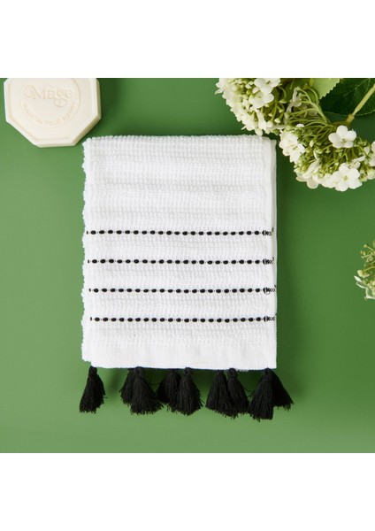 Soft Püsküllü El Havlusu - Beyaz / Siyah - 30X50 cm