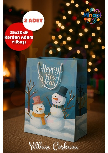 ( 2 Adet ) Kardan Adam Desenli Hediye Çantası Mavi Yılbaşı Hediye Poşeti 25X30X9 Christmas