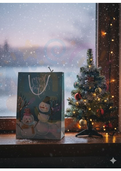 ( 2 Adet ) Kardan Adam Desenli Hediye Çantası Mavi Yılbaşı Hediye Poşeti 25X30X9 Christmas modelleri