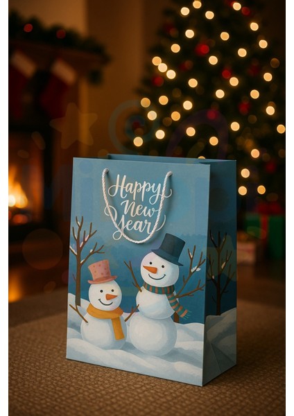 ( 2 Adet ) Kardan Adam Desenli Hediye Çantası Mavi Yılbaşı Hediye Poşeti 25X30X9 Christmas fırsatları