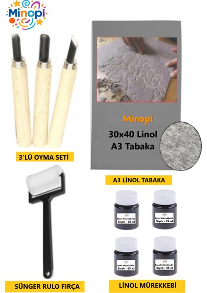 Linol Tabaka Levha 2.5 mm 30X40 cm , Siyah Mürekkep , Sünger Rulo Merdane , 3'lü Oyma Seti