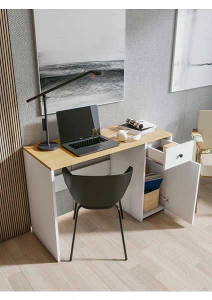 Çalışma Masası Parlak Beyaz Marbella Çekmeceli Bilgisayar Masası Dolaplı Masa