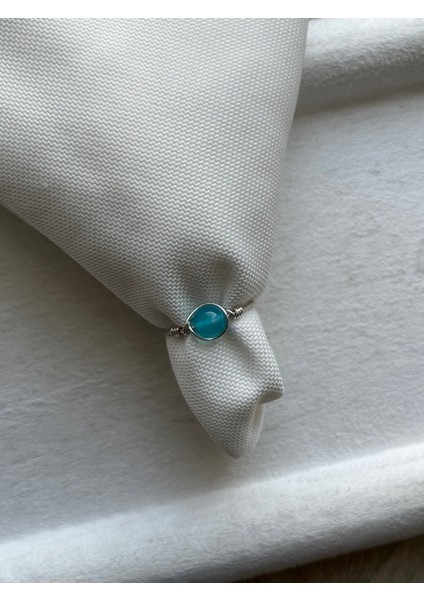 Mavi Akik Taşı Ayarlanabilir Gümüş Renk Tel Yüzük