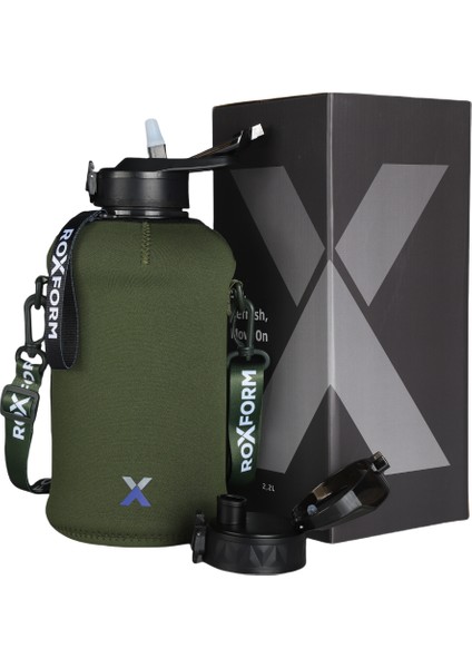 Suluk Matara 2200 Ml, Premium Pp Malzeme, Sağlıklı Bpa & Bps Içermez, Kılıflı, Çift Kapaklı, Koku Yapmaz, Sızdırmaz ve Dayanıklı, Haki Kılıf, Siyah