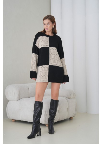 Kadın Kolları Uzun Kendinden Dokulu Bisiklet Yaka Tunik Boy Şık Kışlık Triko Kazak Cepli Elbise
