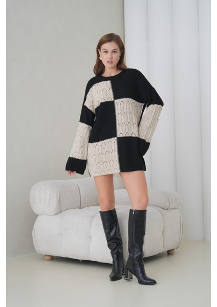Kadın Kolları Uzun Kendinden Dokulu Bisiklet Yaka Tunik Boy Şık Kışlık Triko Kazak Cepli Elbise fiyatları
