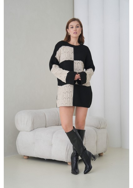 Kadın Kolları Uzun Kendinden Dokulu Bisiklet Yaka Tunik Boy Şık Kışlık Triko Kazak Cepli Elbise modelleri