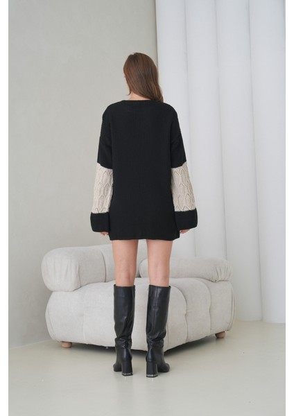 Kadın Kolları Uzun Kendinden Dokulu Bisiklet Yaka Tunik Boy Şık Kışlık Triko Kazak Cepli Elbise fırsatları