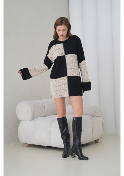 Kadın Kolları Uzun Kendinden Dokulu Bisiklet Yaka Tunik Boy Şık Kışlık Triko Kazak Cepli Elbise indirimleri