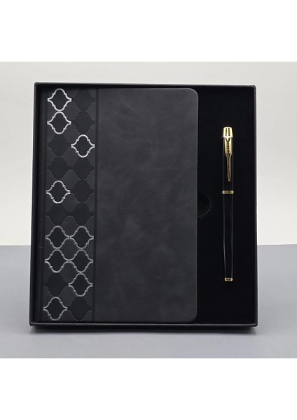 Desenli Siyah Deri Defter Kalem Set