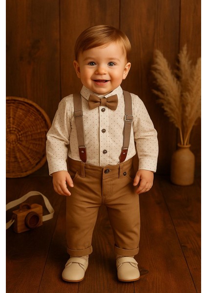 Kids Papyonlu Ekru Askılı Erkek Bebek 2 Li Takım