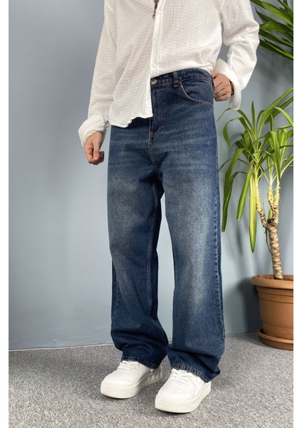 Taşlanmış Baggy Kalıp Jean - Kot Pantolon Siyah-Lacivert