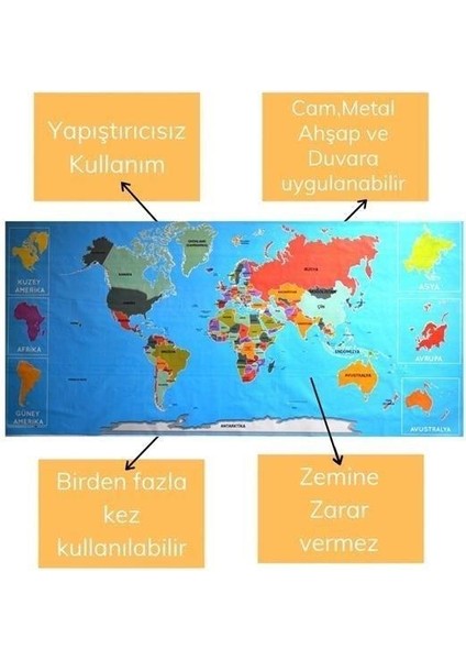 Buffer® Renkli atlas Dünya haritası Manyetik Yapıştırıcı Gerektirmeyen Duvar Stickerı 118 cm * 56 cm