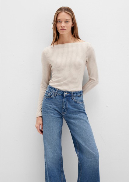 Uzun Kollu Geniş Yaka Bej Tişört 1613596-85576