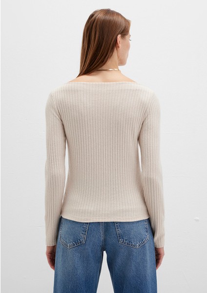Uzun Kollu Geniş Yaka Bej Tişört 1613596-85576