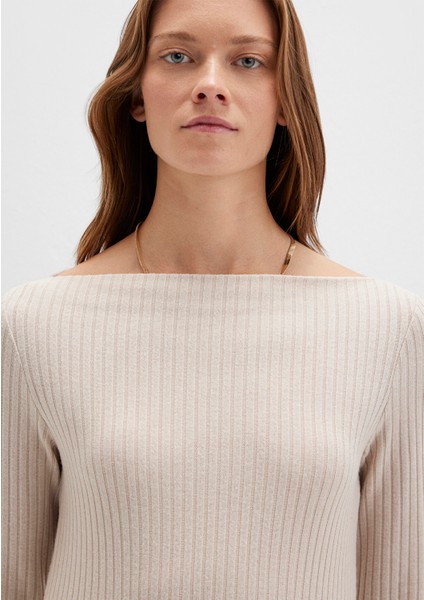 Uzun Kollu Geniş Yaka Bej Tişört 1613596-85576