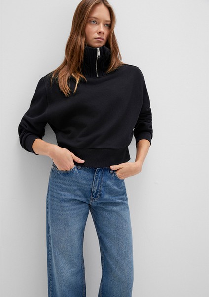 Yarı Fermuarlı Dik Yaka Siyah Sweatshirt 1S10434-900
