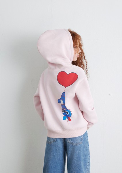 Stitch Baskılı Kapüşonlu Pembe Sweatshirt 7S10165-71007