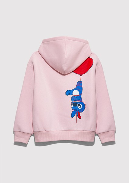 Stitch Baskılı Kapüşonlu Pembe Sweatshirt 7S10165-71007