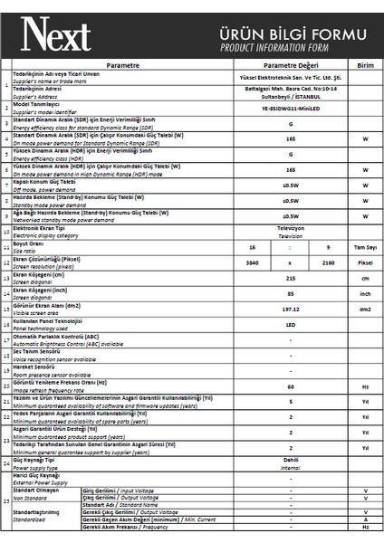 YE-85IDWG11 85'' 216 Ekran Uydu Alıcılı 4K Ultra HD Google MiniLED TV