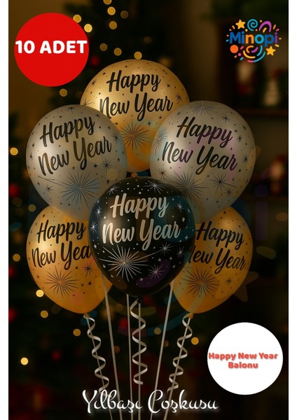 Happy New Year Yılbaşı Balon Seti 10’lu – Altın Gümüş Siyah Parti ve Süsleme Balonları