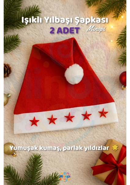 Işıklı Yılbaşı Yeni Yıl Şapkası I 2 Adet Açma Kapama Düğmeli Sırasıyla Akarak Yanan Yıldızlı Kırmızı