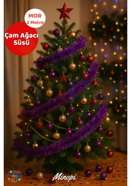 Mor Yılbaşı Garland Doğum Günü Simi Çam Ağacı Süsü 200 cm Boyuna Boyuna Asılan Süsleme Sim