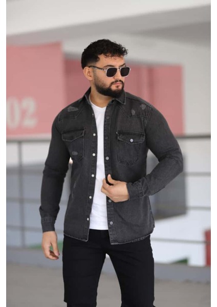 Erkek Kot Gömlek Slim Fit, Çift Cepli Geniş Düğmeli Likrasız Gömlek