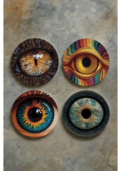 Ev Dekor Oval Pleksi Bardak Altlığı Temalı Desenli 4'lü Set Eyes