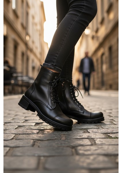 Modesa Hakiki Deri Siyah Fermuarlı & Bağcıklı Kauçuk Taban Kadın Bot