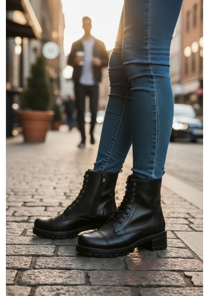 Modesa Hakiki Deri Siyah Fermuarlı & Bağcıklı Kauçuk Taban Kadın Bot fiyatları