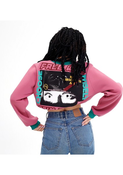 Free Will Baskılı Yüksek Yaka Pembe Crop Sweatshirt