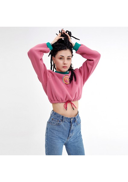 Free Will Baskılı Yüksek Yaka Pembe Crop Sweatshirt fiyatları