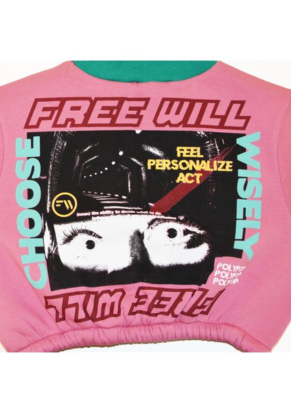 Free Will Baskılı Yüksek Yaka Pembe Crop Sweatshirt modelleri