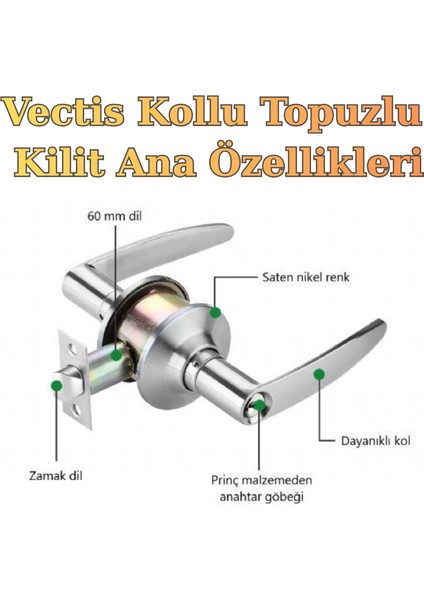 Vectis Kollu Topuzlu Kilit - Amerikan Tipi Otel Kilidi - Saten (Eski Topuzlu Kilit Yerine Uyumlu) indirimleri