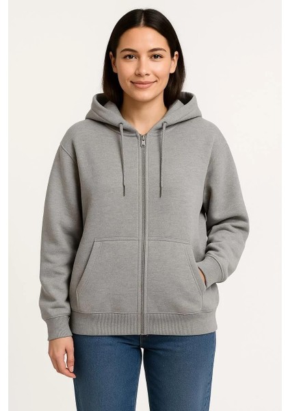 Kadın Üç Iplik Kapüşonlu Tam Fermuarlı Kanguru Çepli Sweatshirt Hoodie - Gri